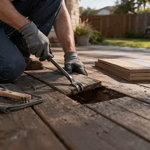 Damaged deck boards being replaced on a Waco residential deck